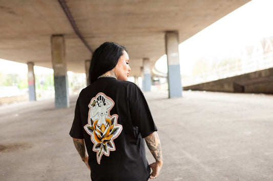 Model wearing Softcore Bloom t-shirt by Haunt under M32 underpass in Bristol during first brand photoshoot