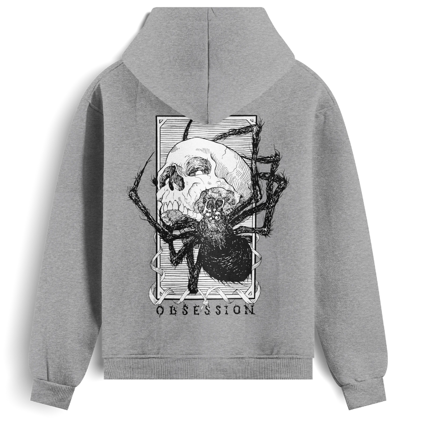 Back view of the grey Obsession hoodie from Haunt, showing a black and white tattoo-style skull being devoured by a spider, with the word “OBSESSION” beneath the design.