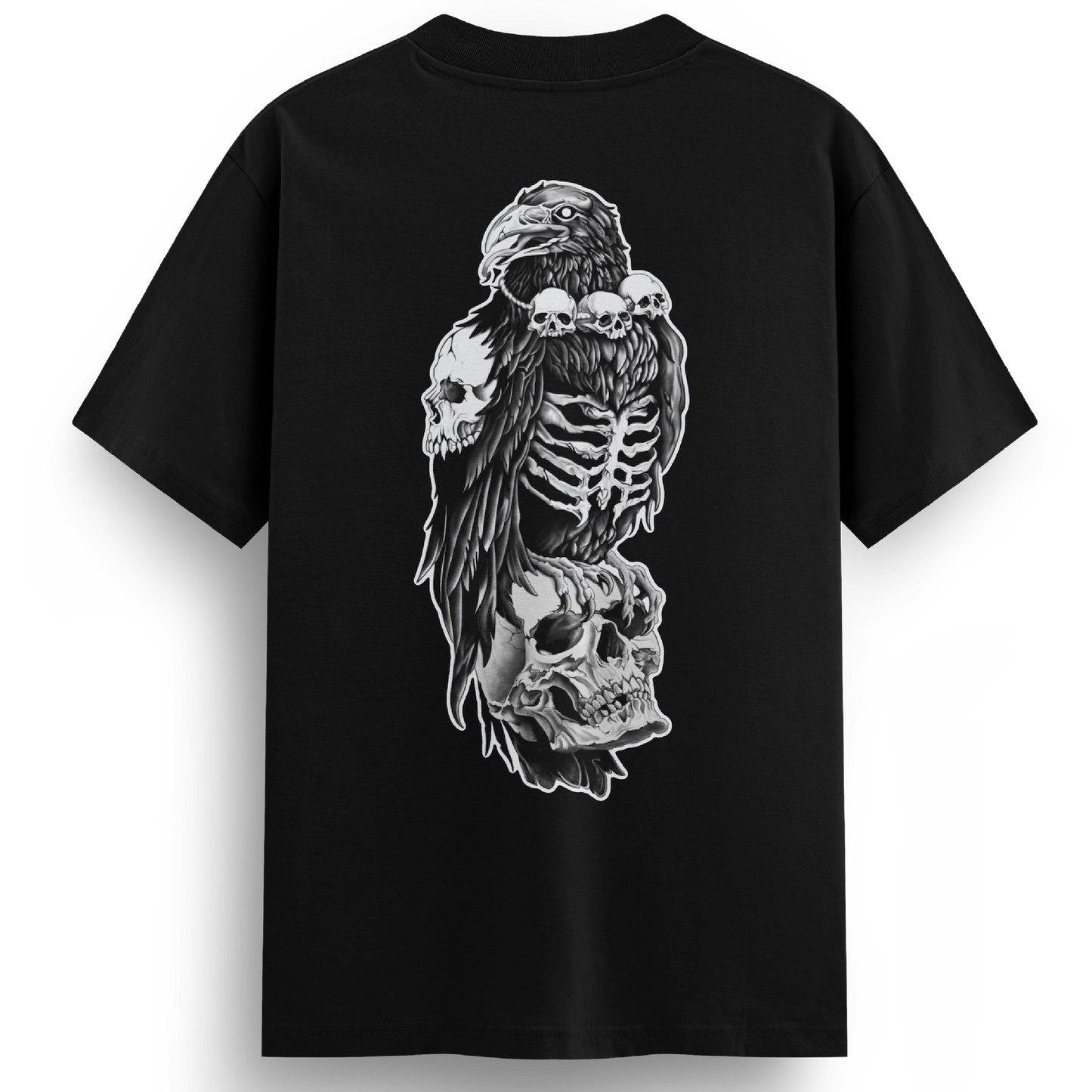 Back of the Bone Collector tee with a gothic tattoo-style design: a black crow wearing a skull necklace perched atop a larger skull, rib cage exposed, symbolising death and mystery in intricate detail.