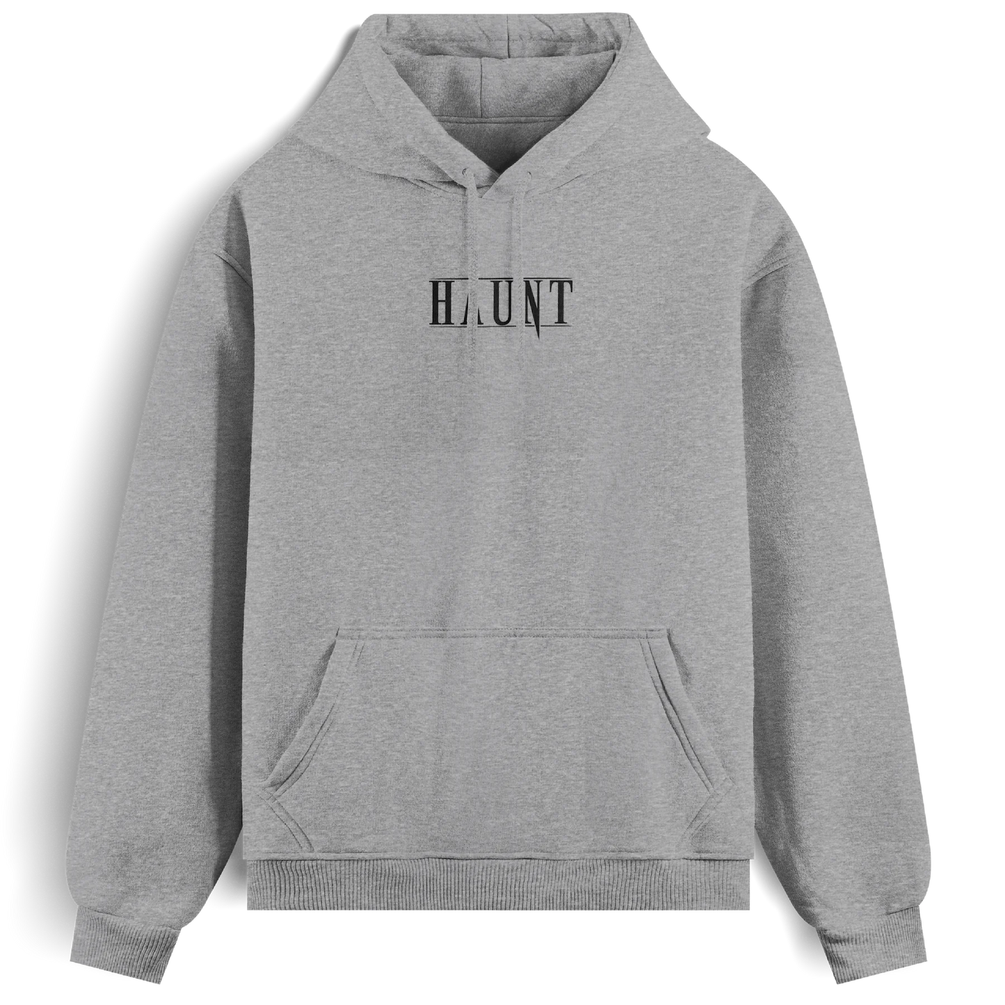 Front view of the grey Obsession hoodie from Haunt, featuring a black Haunt logo on the chest. Oversized, heavyweight streetwear with gothic tattoo influence.