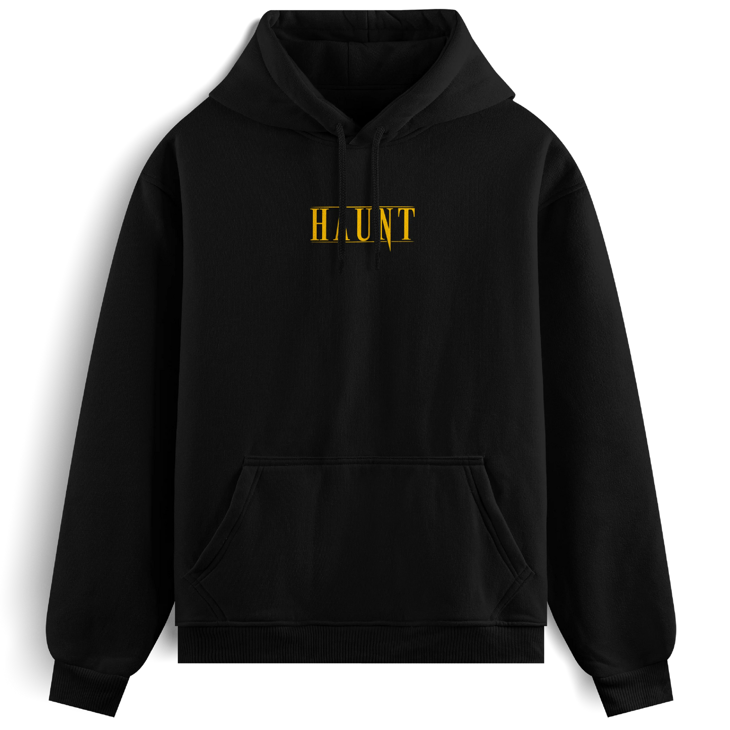 Front of the black Until Death hoodie from Haunt, featuring a gold Haunt logo on the chest. Oversized, heavyweight tattoo-style streetwear.