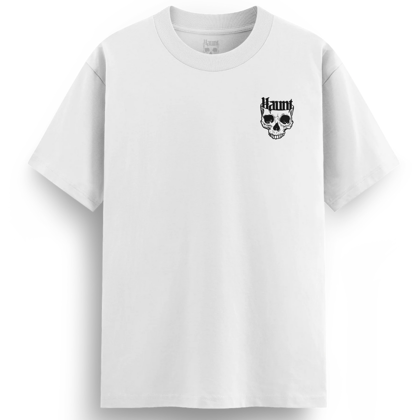 Front of the Katana Killer white t-shirt from Haunt’s Premium Collection with a bold black Haunt logo embedded in a skull.