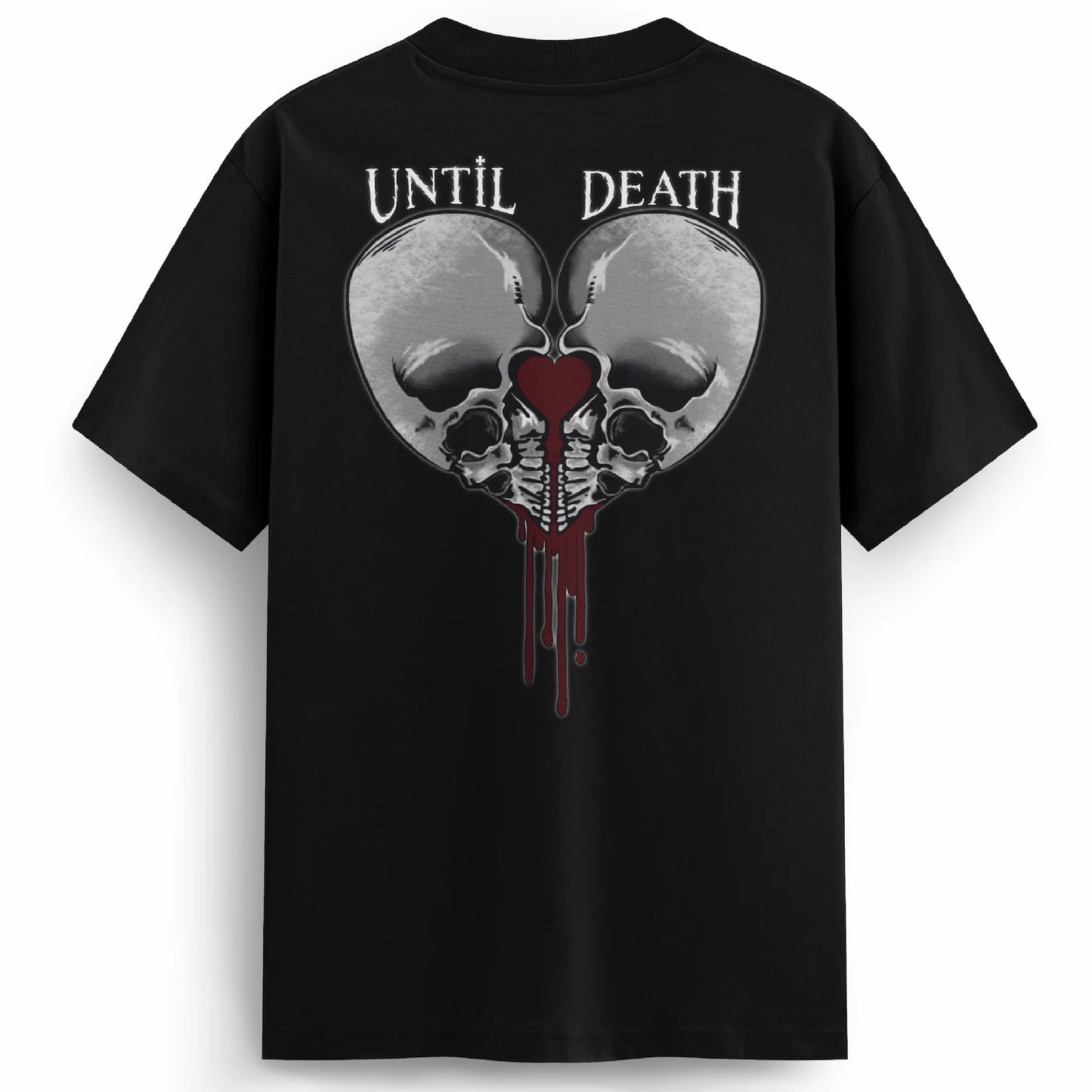 Back of the Love Kills tee with twin skulls framing a bleeding heart and the words “UNTIL DEATH” above in gothic tattoo lettering.