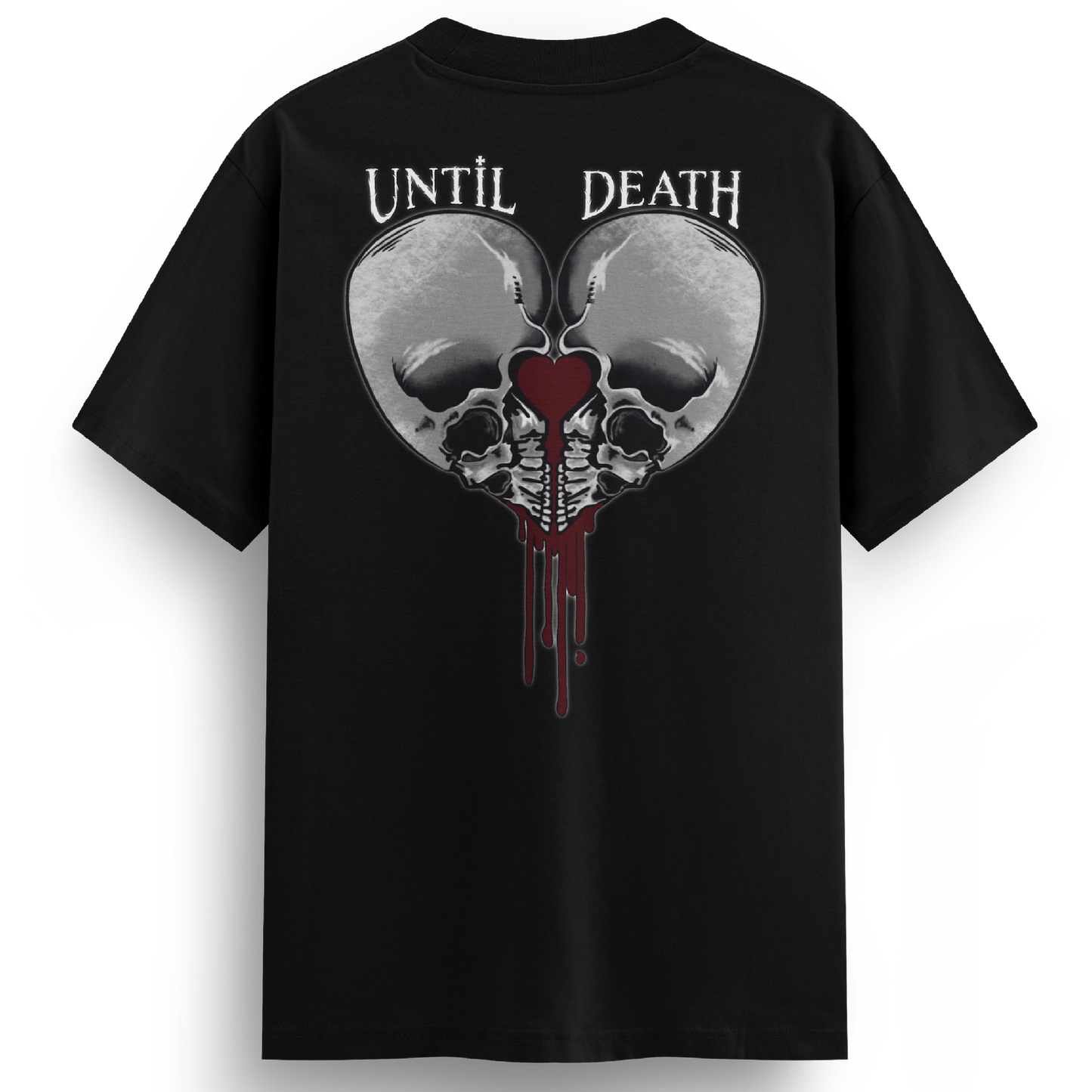 Back of the Love Kills tee with twin skulls framing a bleeding heart and the words “UNTIL DEATH” above in gothic tattoo lettering.