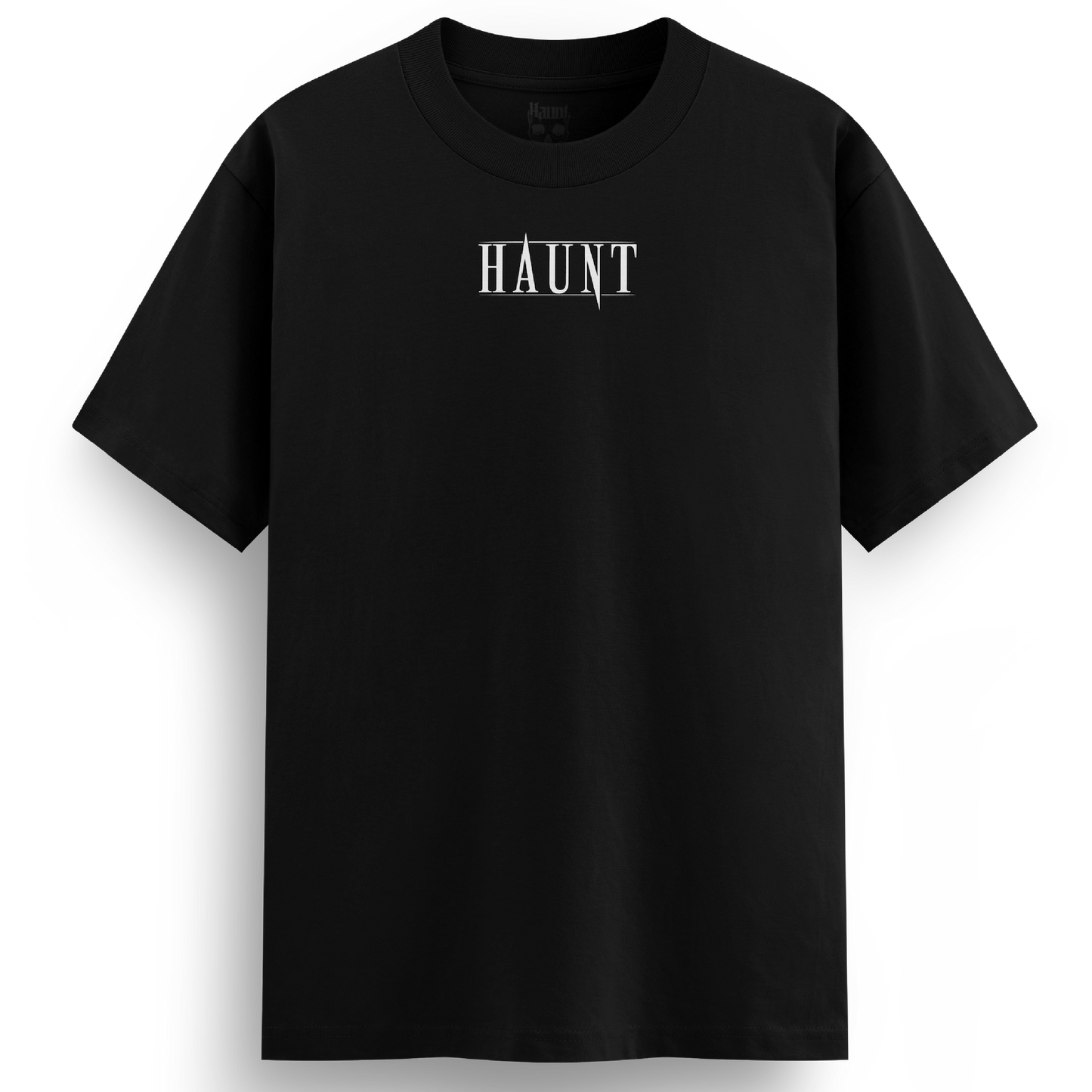 Front of the black Love Kills t-shirt from Haunt, featuring a bold Haunt logo. Oversized, premium fit with tattoo-inspired styling.