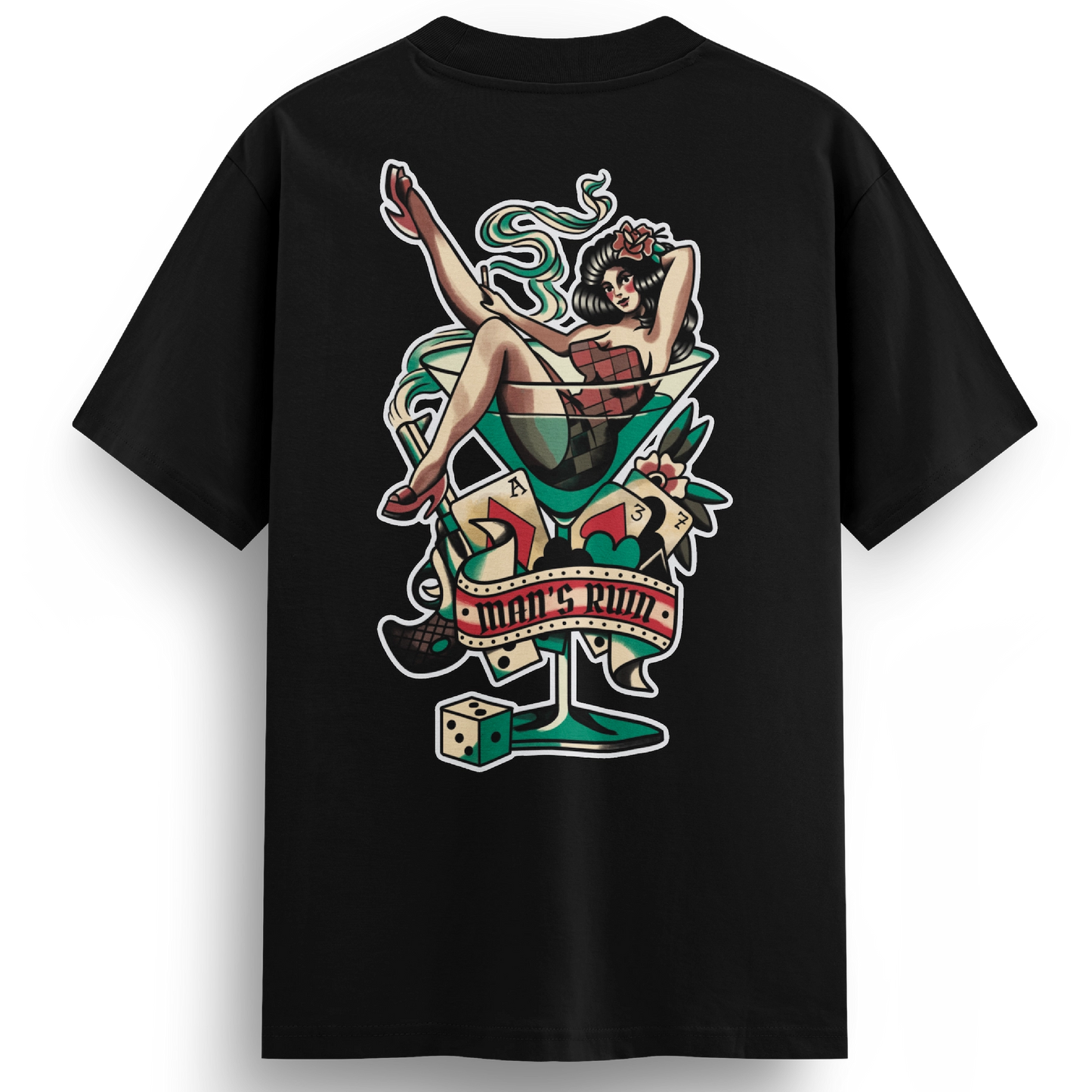 Back of the Man’s Ruin t-shirt showing a vintage-style tattoo design of a lady lounging in a martini glass with a gun, cigarette, and dice, in full-color traditional ink style.