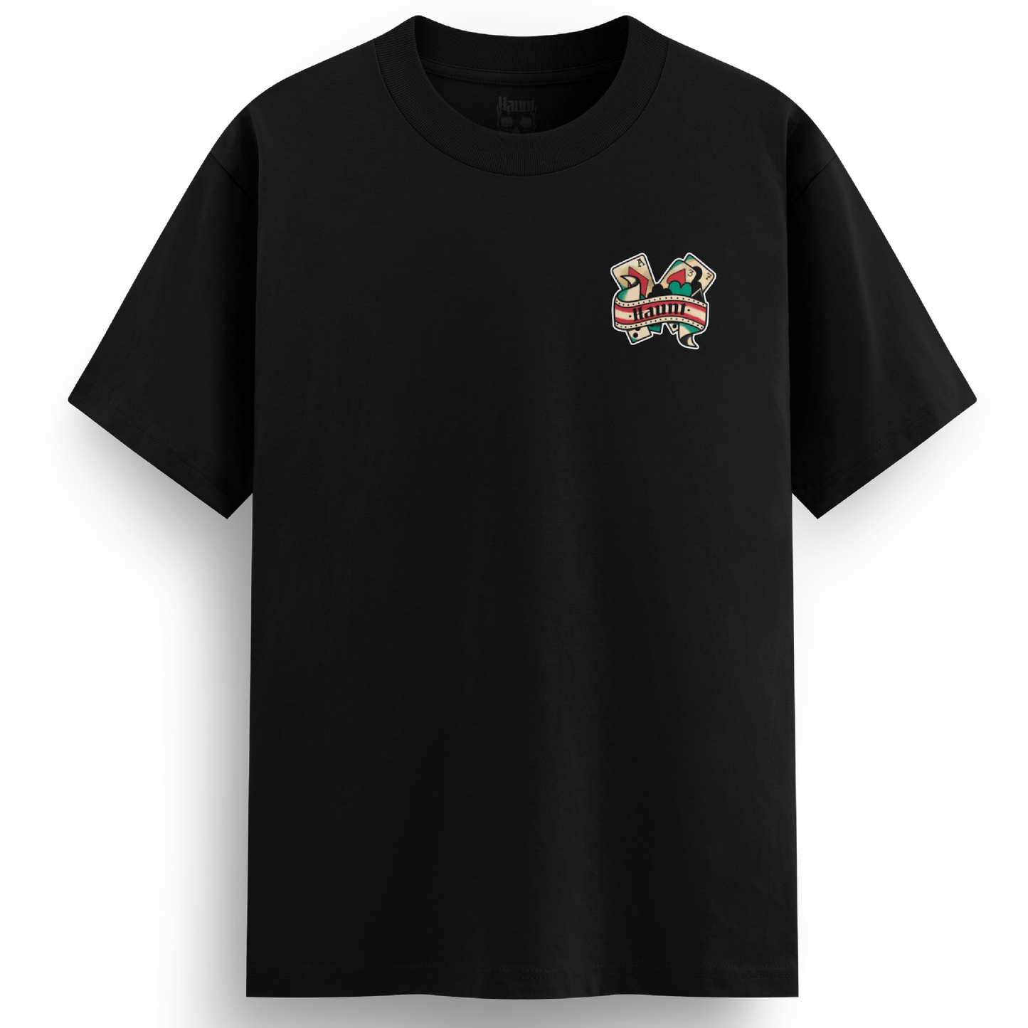 Front of Man's Ruin t-shirt, heavyweight , over-sized black t-shirt featuring a Haunt logo in a scroll with cards and dice.