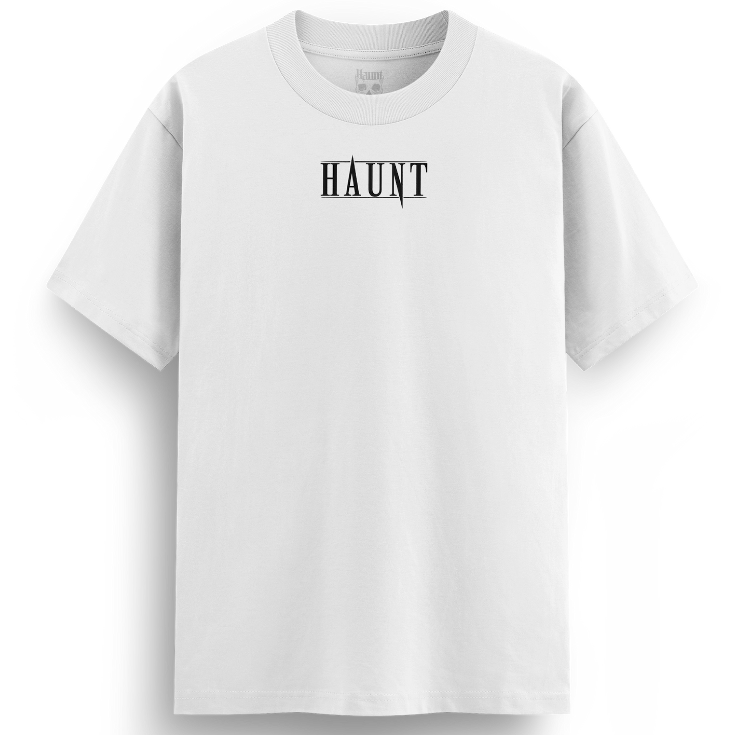 Front of the Obsession white t-shirt from Haunt’s Premium Collection, featuring the bold black Haunt logo across the chest.