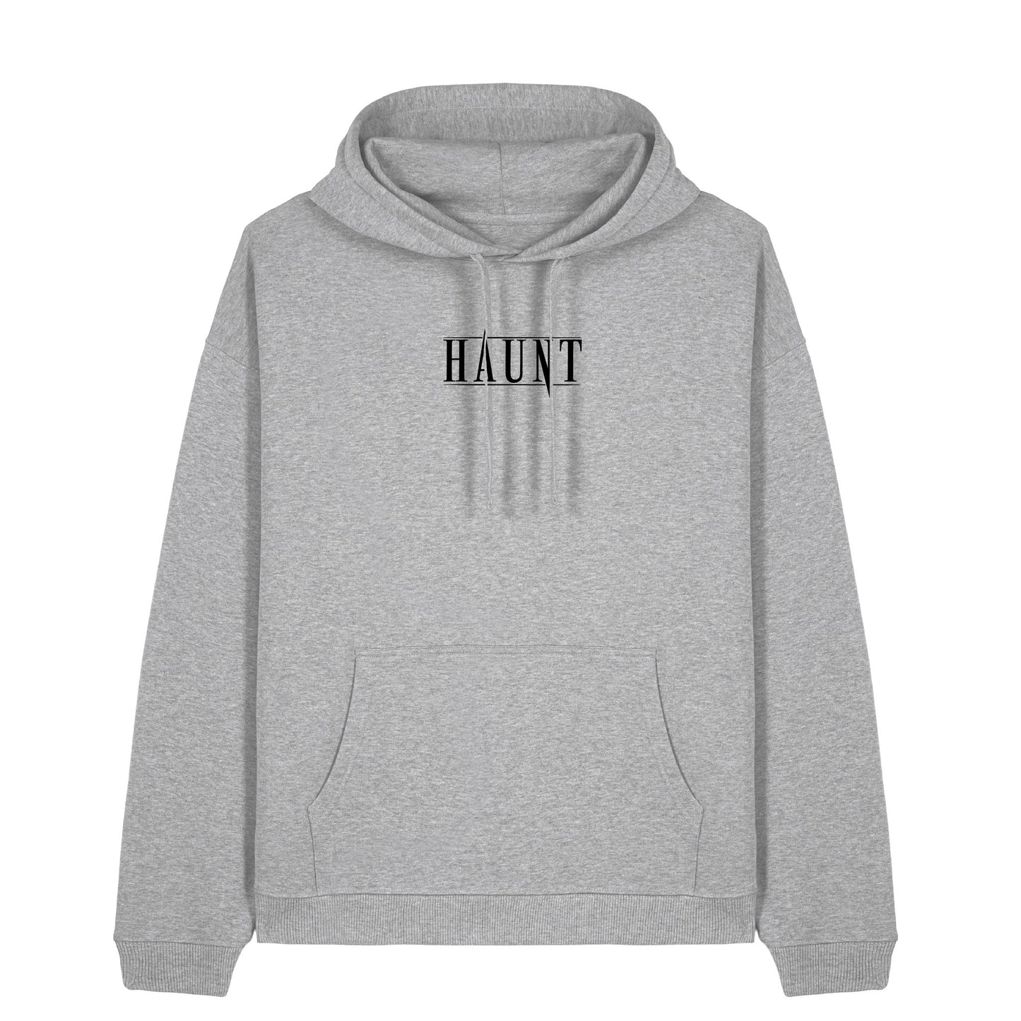 Front view of the grey Obsession hoodie from Haunt, featuring a black Haunt logo on the chest. Oversized, heavyweight streetwear with gothic tattoo influence.