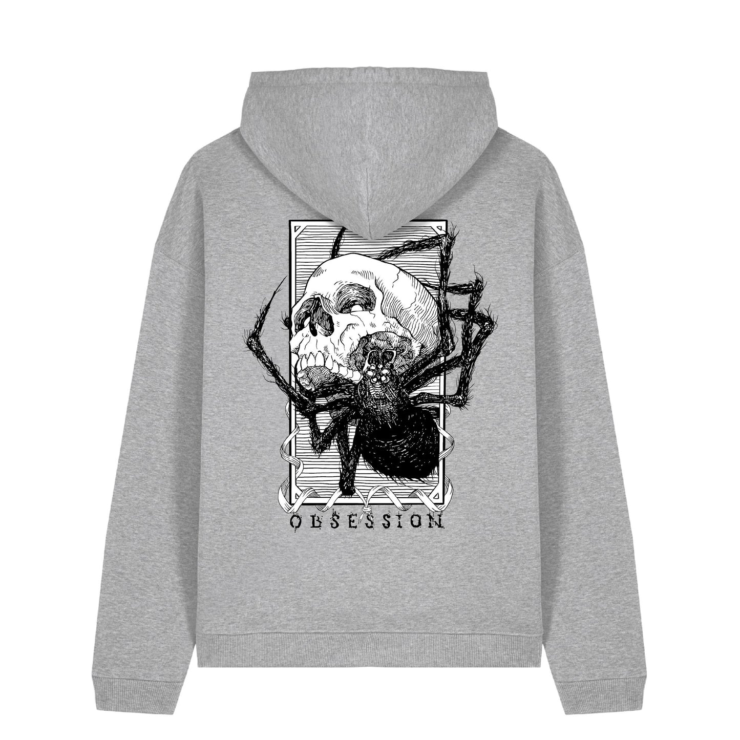 Back view of the Obsession hoodie from Haunt, showing a black and white tattoo-style skull being devoured by a spider, with the word “OBSESSION” beneath the design.