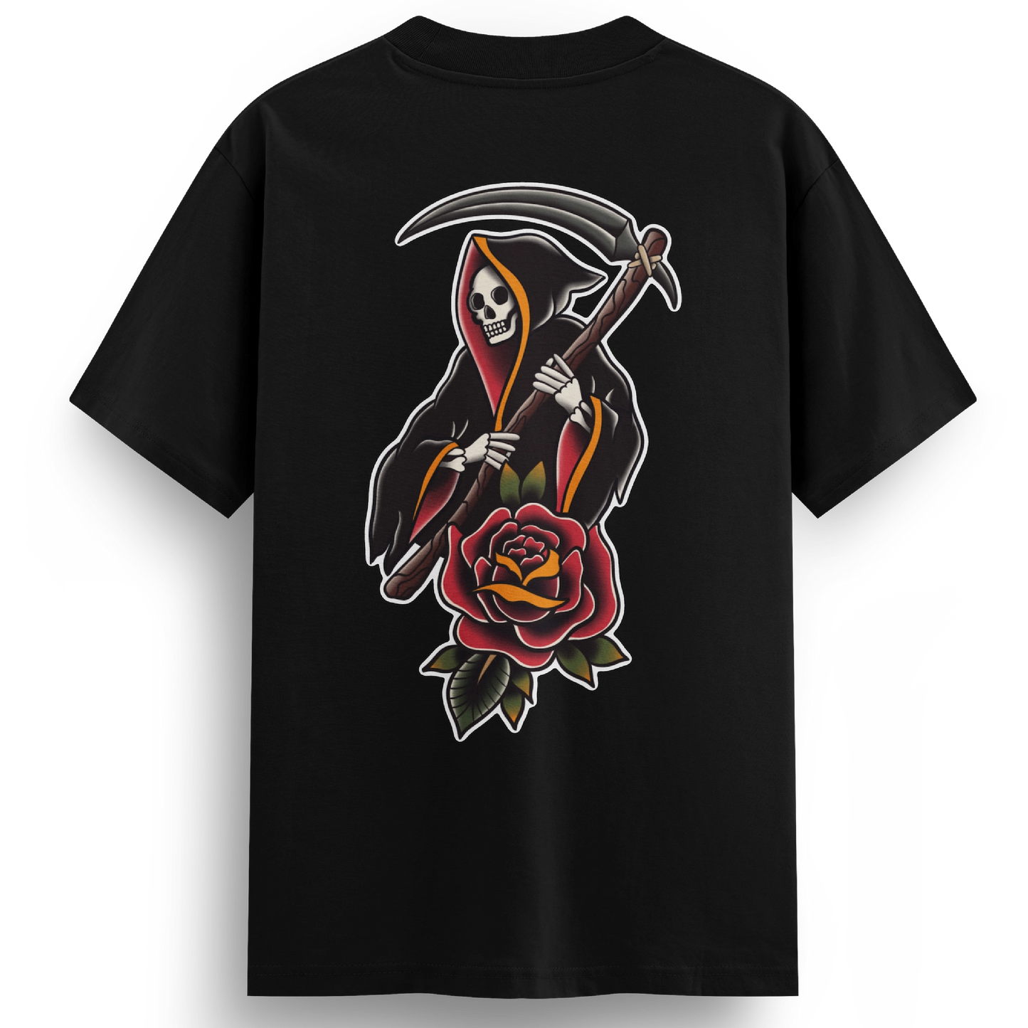 Back of the Reaper t-shirt displaying a vibrant full-colour tattoo-style grim reaper holding a scythe, with a traditional red rose beneath the design.