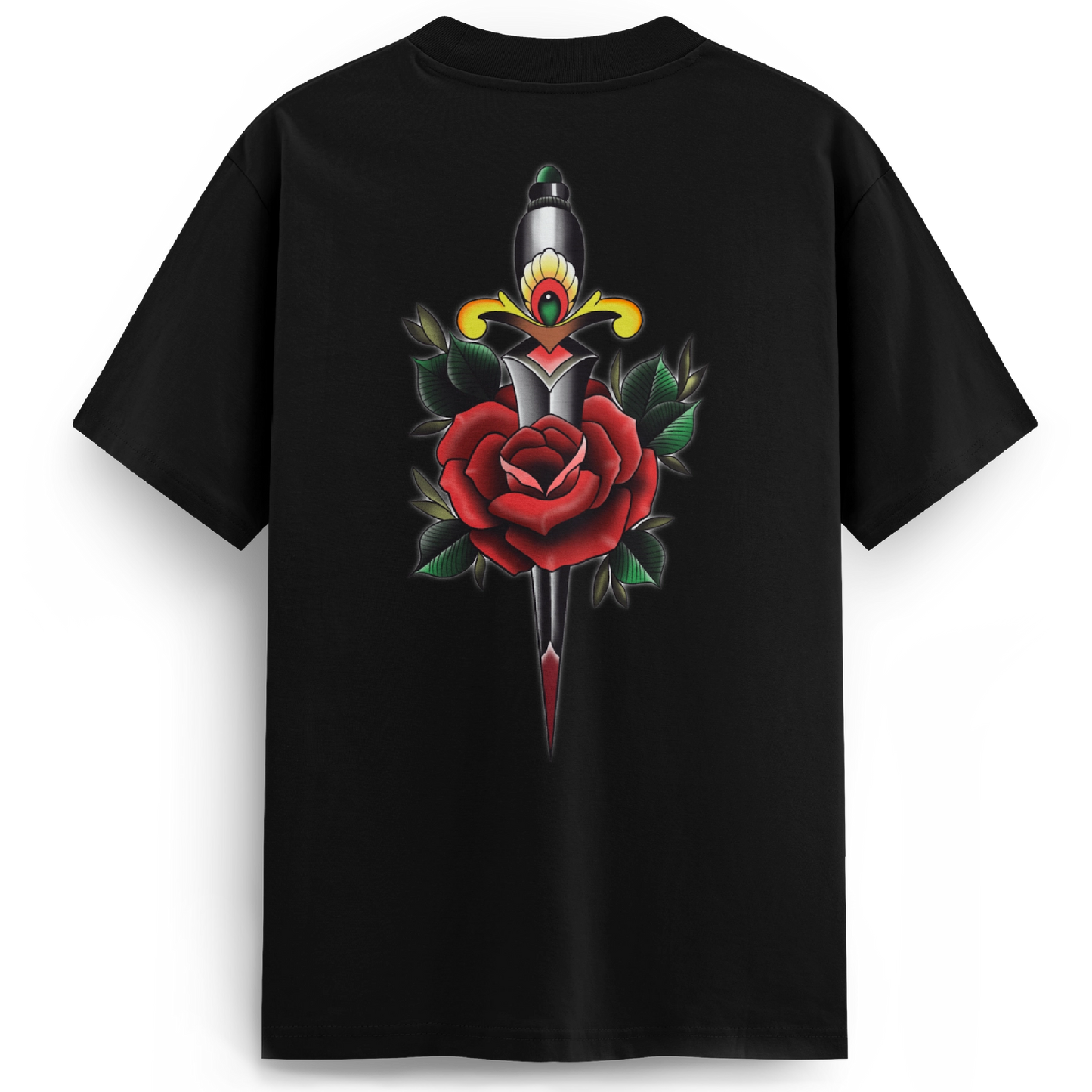 Back of the Rose and Dagger black t-shirt showcasing a traditional tattoo-style design of a red rose pierced by a classic dagger, with vibrant full-colour detailing.