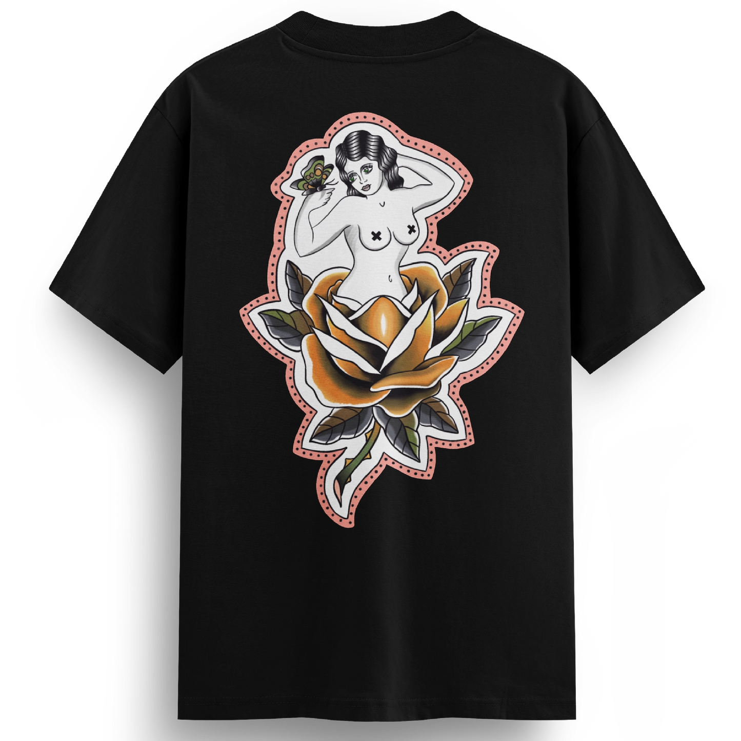 Back of the Softcore Bloom tee showing a pastel traditional rose with a topless woman blooming from it, holding a butterfly. Feminine, vintage-inspired tattoo design with soft pinks and bold linework.