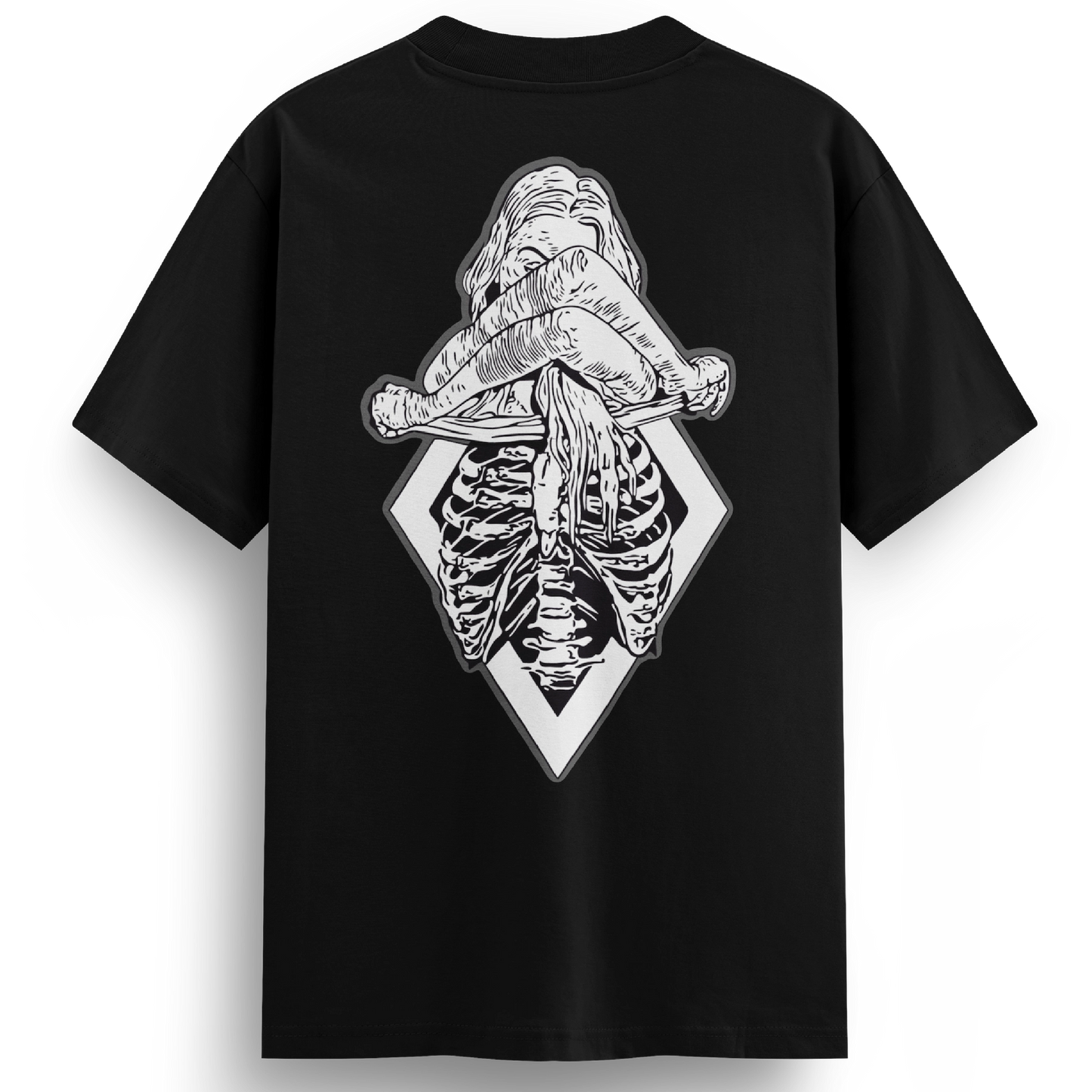 Back of the XXX-Ray black t-shirt displaying a black and white tattoo-style illustration of a topless woman revealing her ribcage in x-ray detail, set against a diamond-shaped frame.