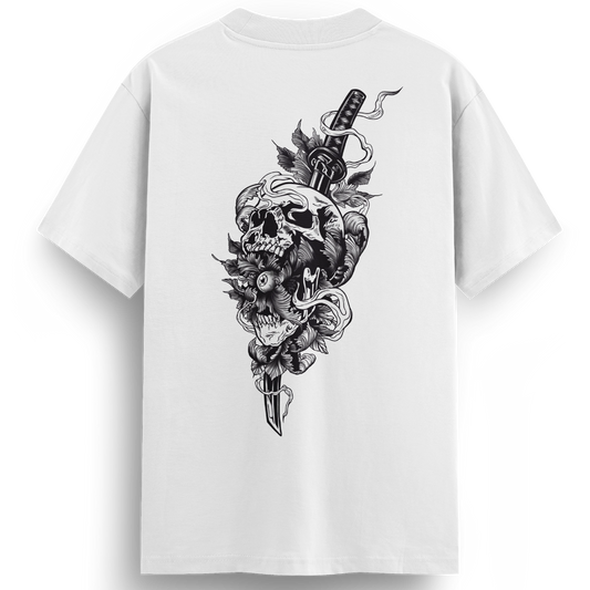 Back of the Katana Killer t-shirt featuring a skull with an eyeball in its mouth, pierced by a katana sword, surrounded by flower petals and banners in bold black and white traditional tattoo art.
