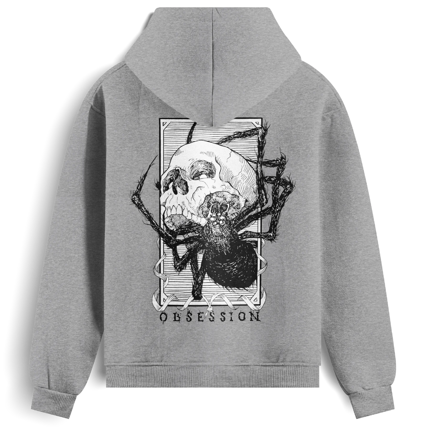 Back view of the grey Obsession hoodie from Haunt, showing a black and white tattoo-style skull being devoured by a spider, with the word “OBSESSION” beneath the design.