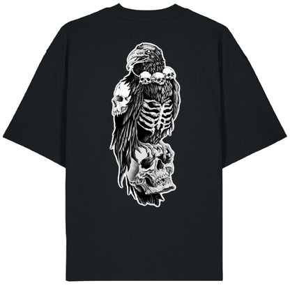 Back of the Bone Collector tee with a gothic tattoo-style design: a black crow wearing a skull necklace perched atop a larger skull, rib cage exposed, symbolizing death and mystery in intricate detail.
