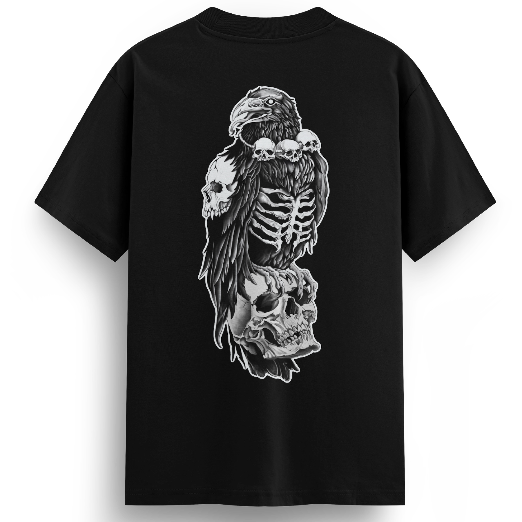 Back of the Bone Collector tee with a gothic tattoo-style design: a black crow wearing a skull necklace perched atop a larger skull, rib cage exposed, symbolising death and mystery in intricate detail.