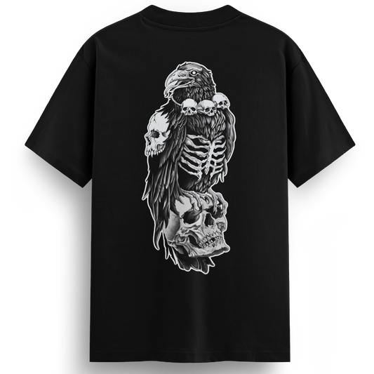 Back of the Bone Collector tee with a gothic tattoo-style design: a black crow wearing a skull necklace perched atop a larger skull, rib cage exposed, symbolising death and mystery in intricate detail.