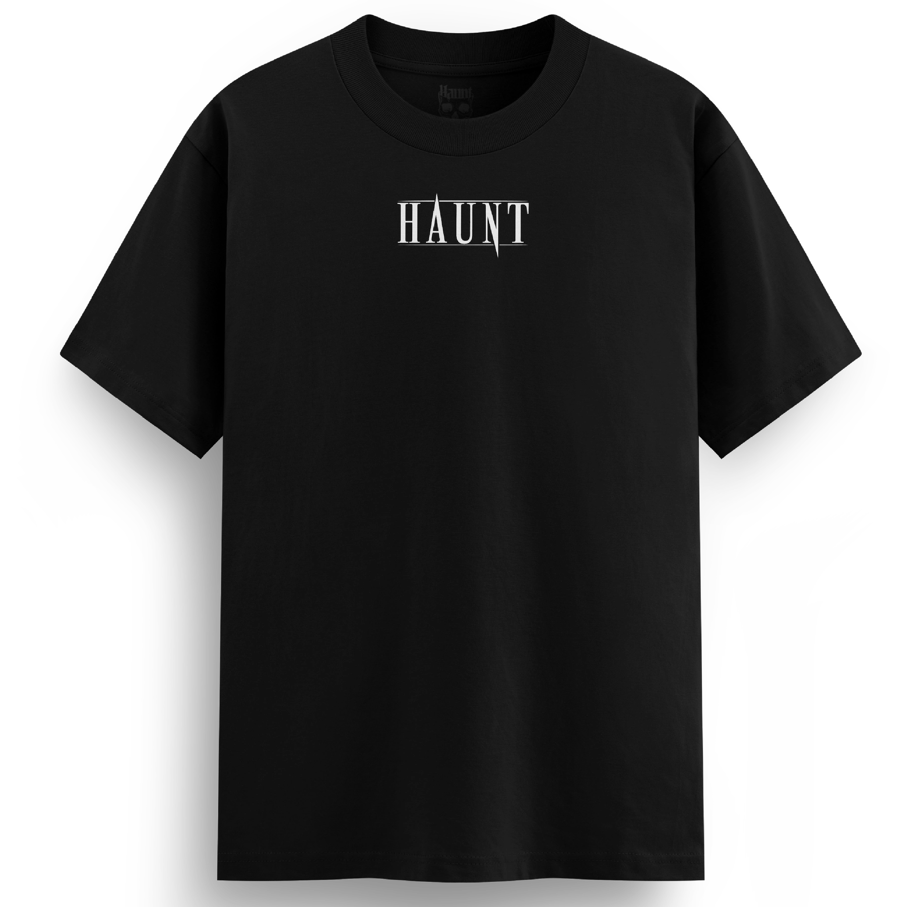 Front of the black Bone Collector t-shirt from Haunt’s Premium Collection, featuring the bold Haunt logo in white for a minimalist streetwear look.
