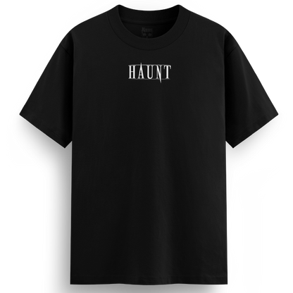 Front of the black Bone Collector t-shirt from Haunt’s Premium Collection, featuring the bold Haunt logo in white for a minimalist streetwear look.

