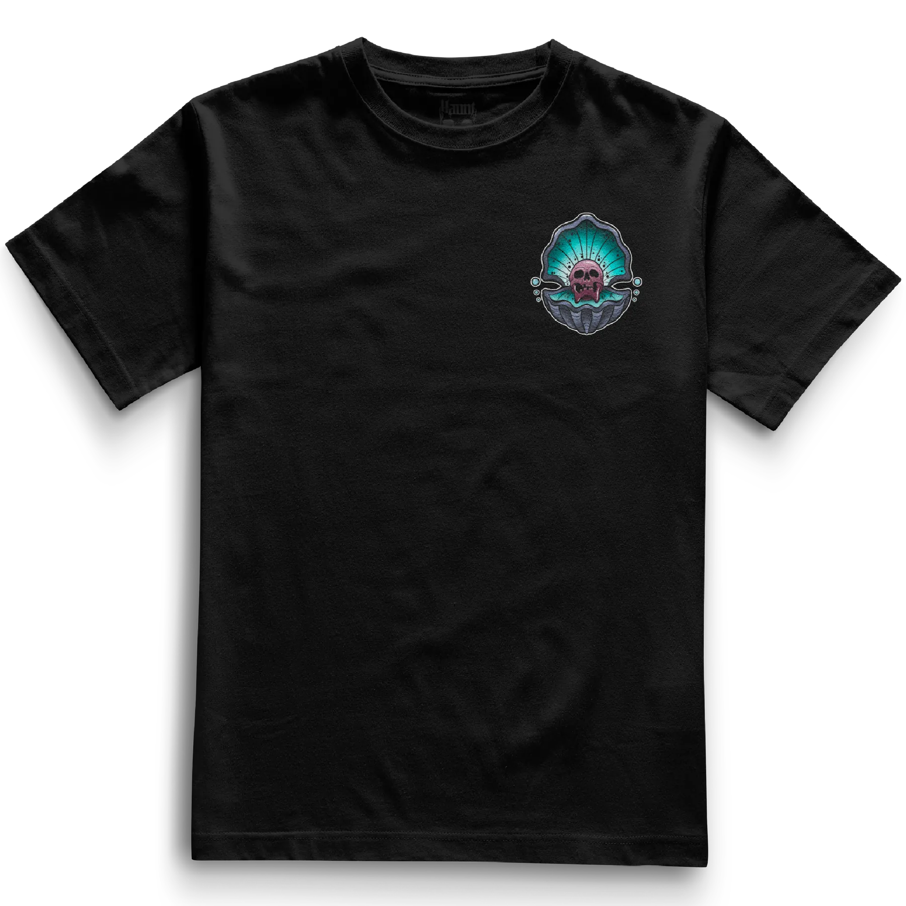 Cursed Pearl Pocket Tee in black, displaying a front-facing design of a skull within an oyster shell. Bold, traditional tattoo style on a relaxed fit heavyweight t-shirt.
