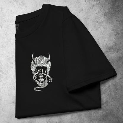 Folded front view of the Devil Eyes t-shirt from the Haunt Pocket Collection, featuring a white design of a horned woman wearing pearls with the word 'HELL' in place of her eyes.