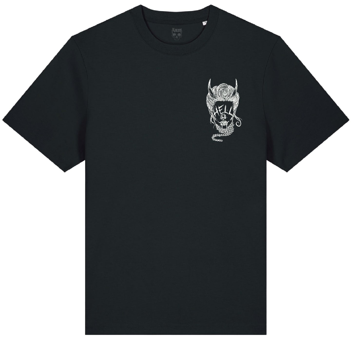 Front of the black Devil Eyes t-shirt from Haunt’s Pocket Collection featuring a white graphic of a woman with “HELL” over her eyes and pearl accessories.