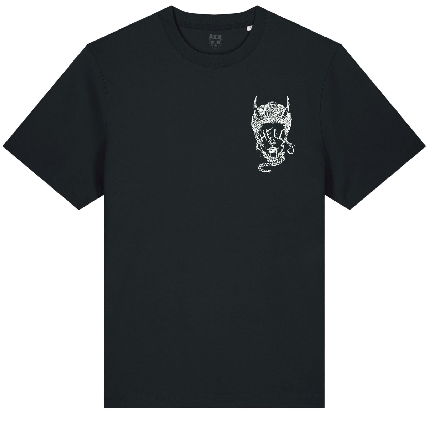 Front of the black Devil Eyes t-shirt from Haunt’s Pocket Collection featuring a white graphic of a woman with “HELL” over her eyes and pearl accessories.