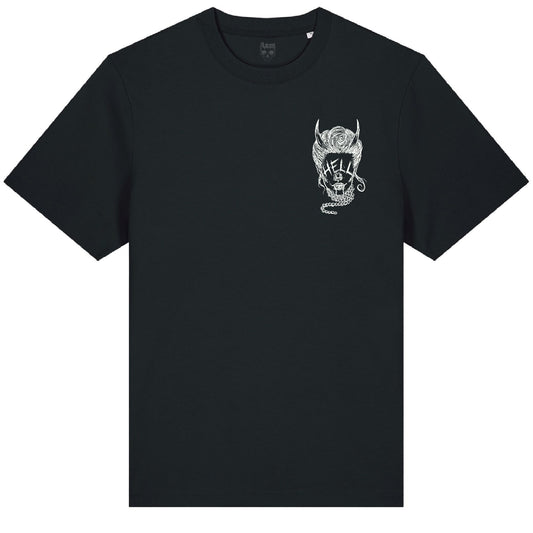 Front of the black Devil Eyes t-shirt from Haunt’s Pocket Collection featuring a white graphic of a woman with “HELL” over her eyes and pearl accessories.