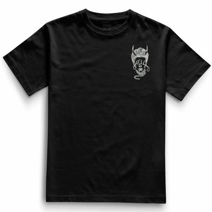 Front of the black Devil Eyes t-shirt from Haunt’s Pocket Collection featuring a white graphic of a woman with “HELL” over her eyes and pearl accessories.