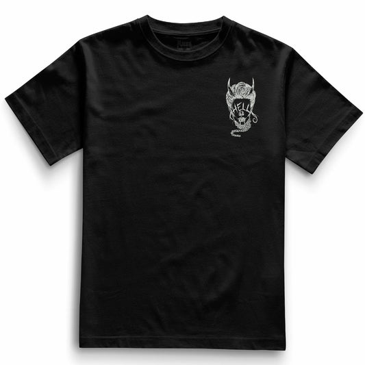 Front of the black Devil Eyes t-shirt from Haunt’s Pocket Collection featuring a white graphic of a woman with “HELL” over her eyes and pearl accessories.