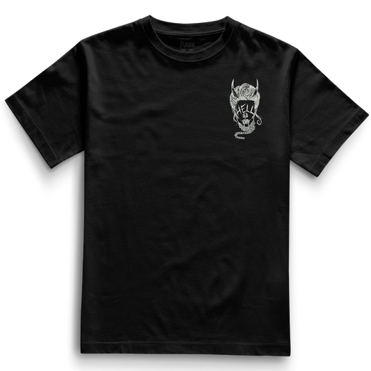 Front of the black Devil Eyes t-shirt from Haunt’s Pocket Collection featuring a white graphic of a woman with “HELL” over her eyes and pearl accessories.
