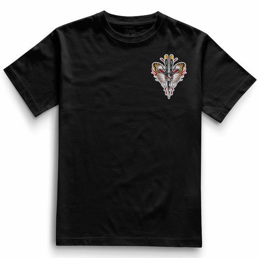 Front of black heavyweight t-shirt featuring a traditional tattoo-style butterfly with blades for wings in red, yellow, and black — Haunt Attire’s Flutter Blade design.