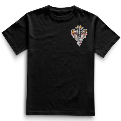Front of black heavyweight t-shirt featuring a traditional tattoo-style butterfly with blades for wings in red, yellow, and black — Haunt Attire’s Flutter Blade design.

