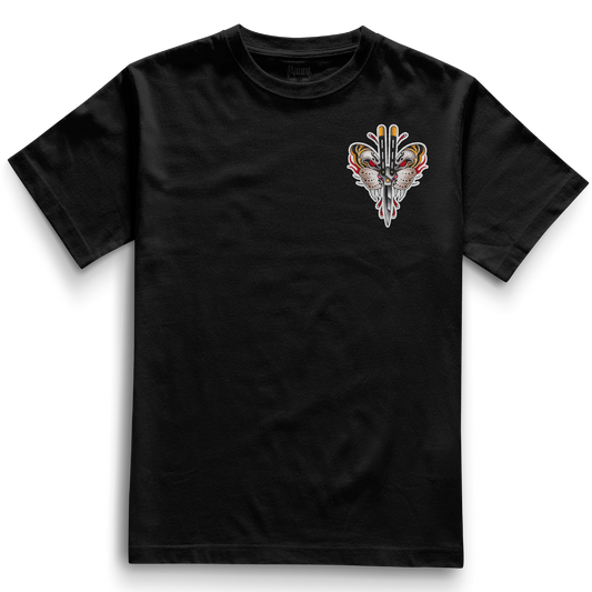Front of black heavyweight t-shirt featuring a traditional tattoo-style butterfly with blades for wings in red, yellow, and black — Haunt Attire’s Flutter Blade design.
