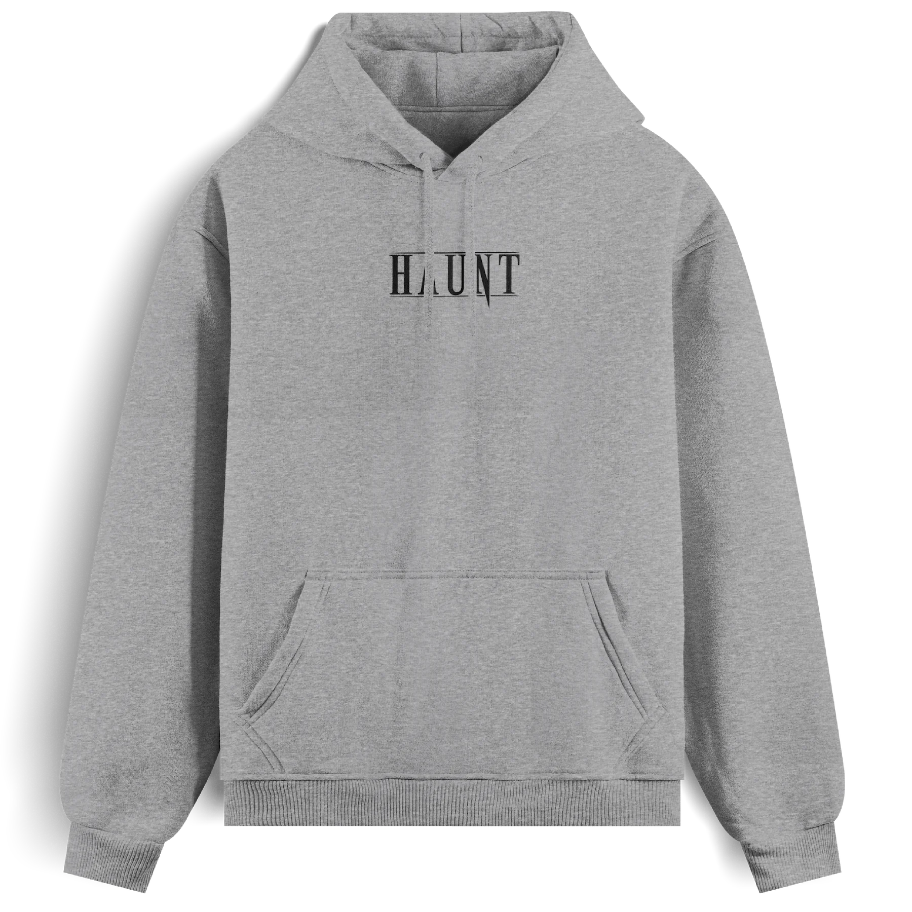 Front view of the grey Obsession hoodie from Haunt, featuring a black Haunt logo on the chest. Oversized, heavyweight streetwear with gothic tattoo influence.