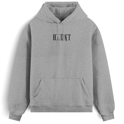 Front view of the grey Obsession hoodie from Haunt, featuring a black Haunt logo on the chest. Oversized, heavyweight streetwear with gothic tattoo influence.
