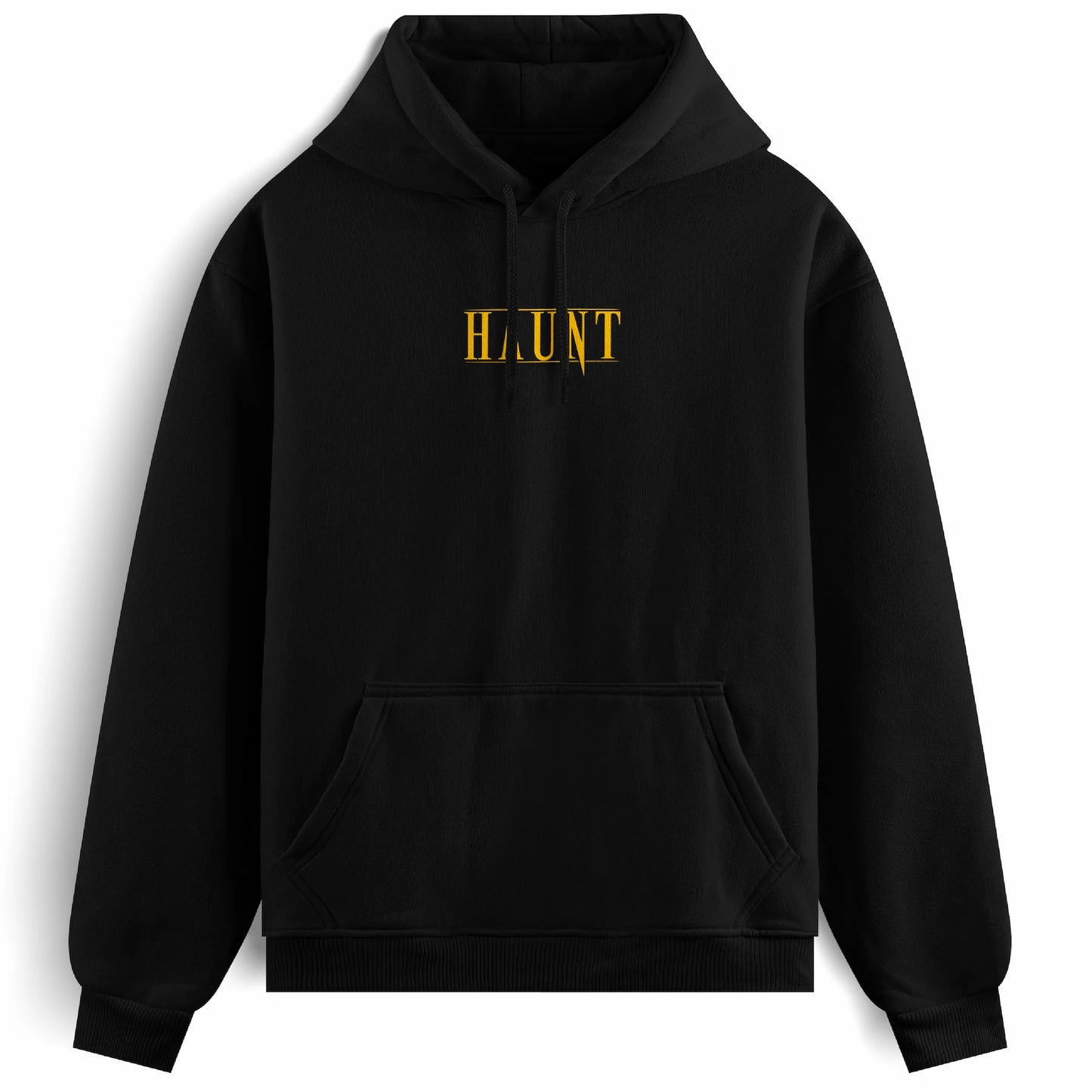 Front of the black Until Death hoodie from Haunt, featuring a gold Haunt logo on the chest. Oversized, heavyweight tattoo-style streetwear.