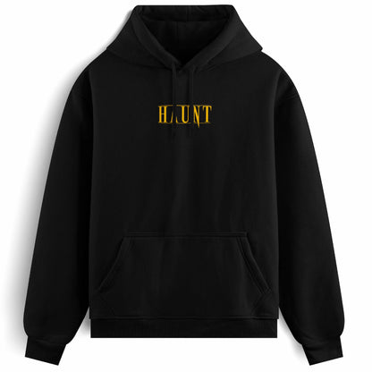 Front of the black Until Death hoodie from Haunt, featuring a gold Haunt logo on the chest. Oversized, heavyweight tattoo-style streetwear.