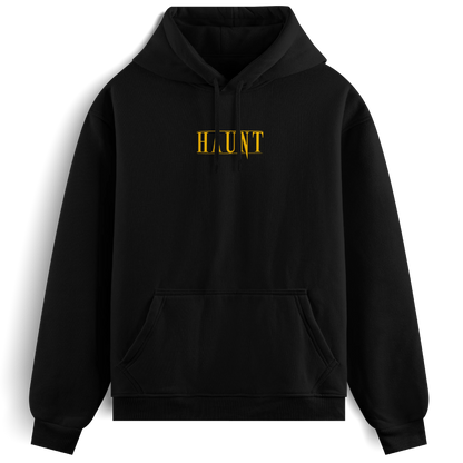 Front of the black Until Death hoodie from Haunt, featuring a gold Haunt logo on the chest. Oversized, heavyweight tattoo-style streetwear.
