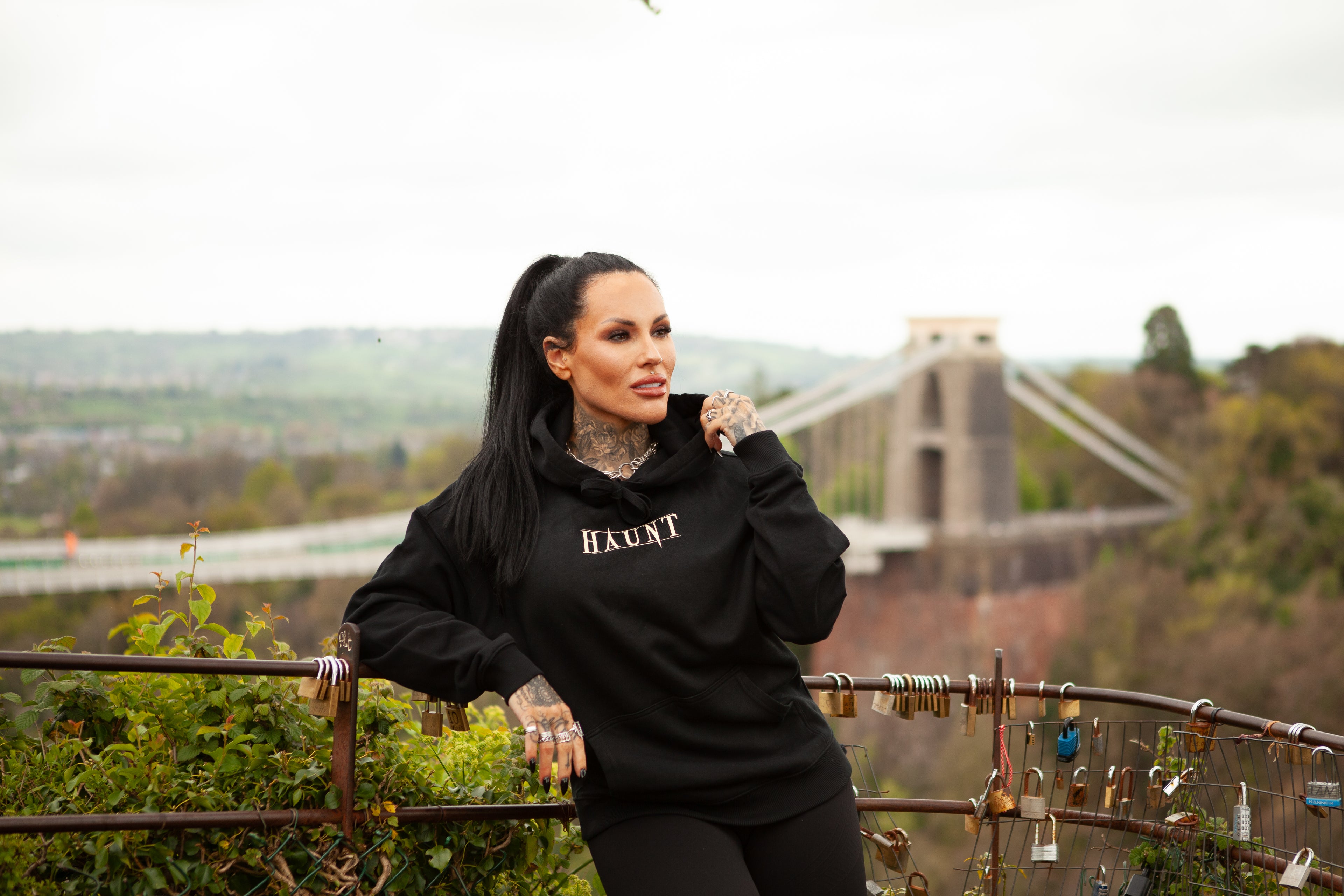 Model photoshoot for Haunt streetwear — heavyweight hoodie at Bristol Suspension Bridge and Observatory