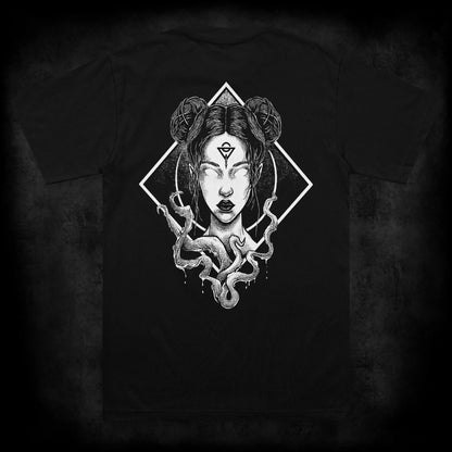 Back view of the Dead Calm occult t-shirt featuring a large occult back print of a tattoo-style woman with blank eyes, ritual markings and wrapping tentacles on a black heavyweight garment.
