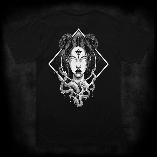 Back view of the Dead Calm occult t-shirt featuring a large occult back print of a tattoo-style woman with blank eyes, ritual markings and wrapping tentacles on a black heavyweight garment.
