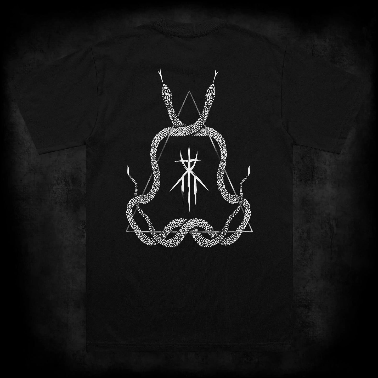 Back view of the Dormant occult t-shirt featuring a large occult back print of intertwined serpents surrounding a ritual sigil and triangle symbol on a black heavyweight garment.