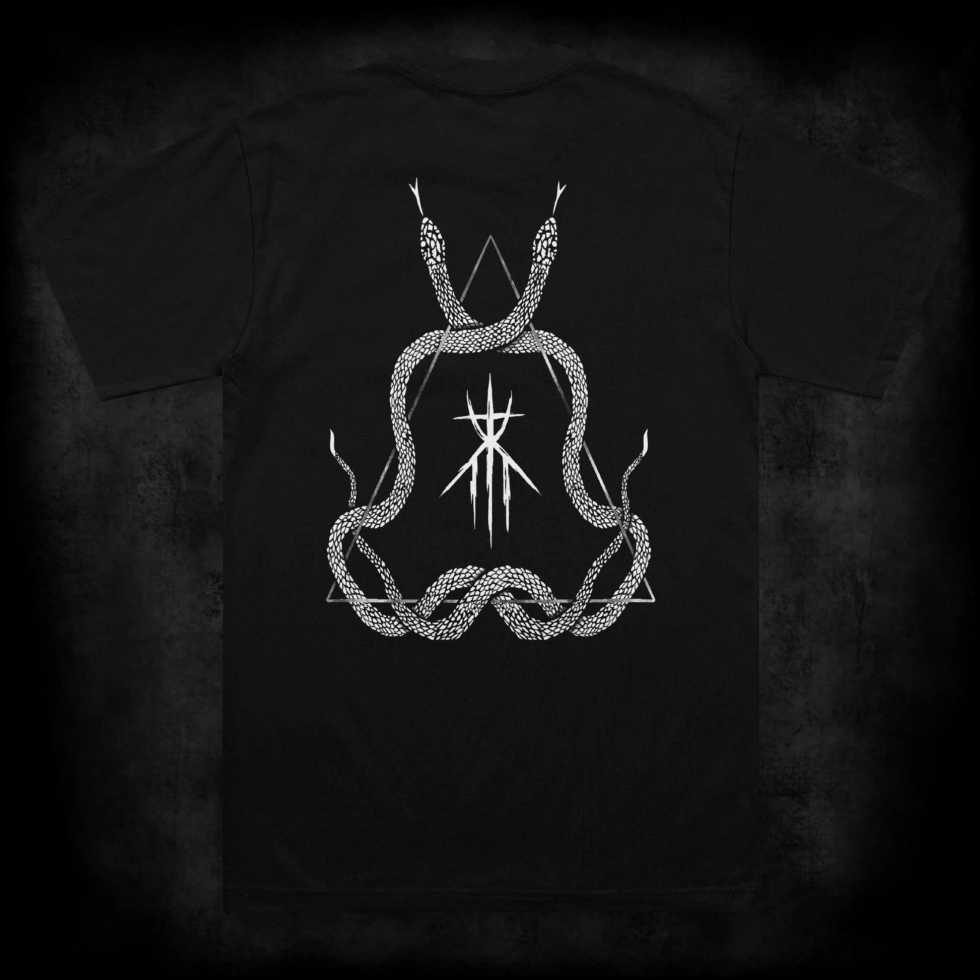 Back view of the Dormant occult t-shirt featuring a large occult back print of intertwined serpents surrounding a ritual sigil and triangle symbol on a black heavyweight garment.