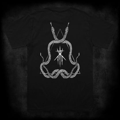 Back view of the Dormant occult t-shirt featuring a large occult back print of intertwined serpents surrounding a ritual sigil and triangle symbol on a black heavyweight garment.