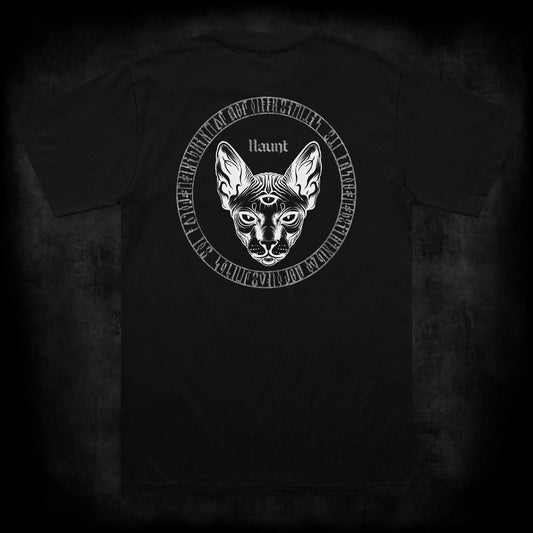 Back view of the Eventide t-shirt featuring a large occult-inspired print of a three-eyed sphynx cat surrounded by circular blackletter rune symbols on a black heavyweight garment.
