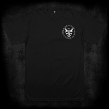 Front view of the Eventide t-shirt featuring a small left chest print of a three-eyed sphynx cat surrounded by a circular blackletter rune design on a black heavyweight garment.