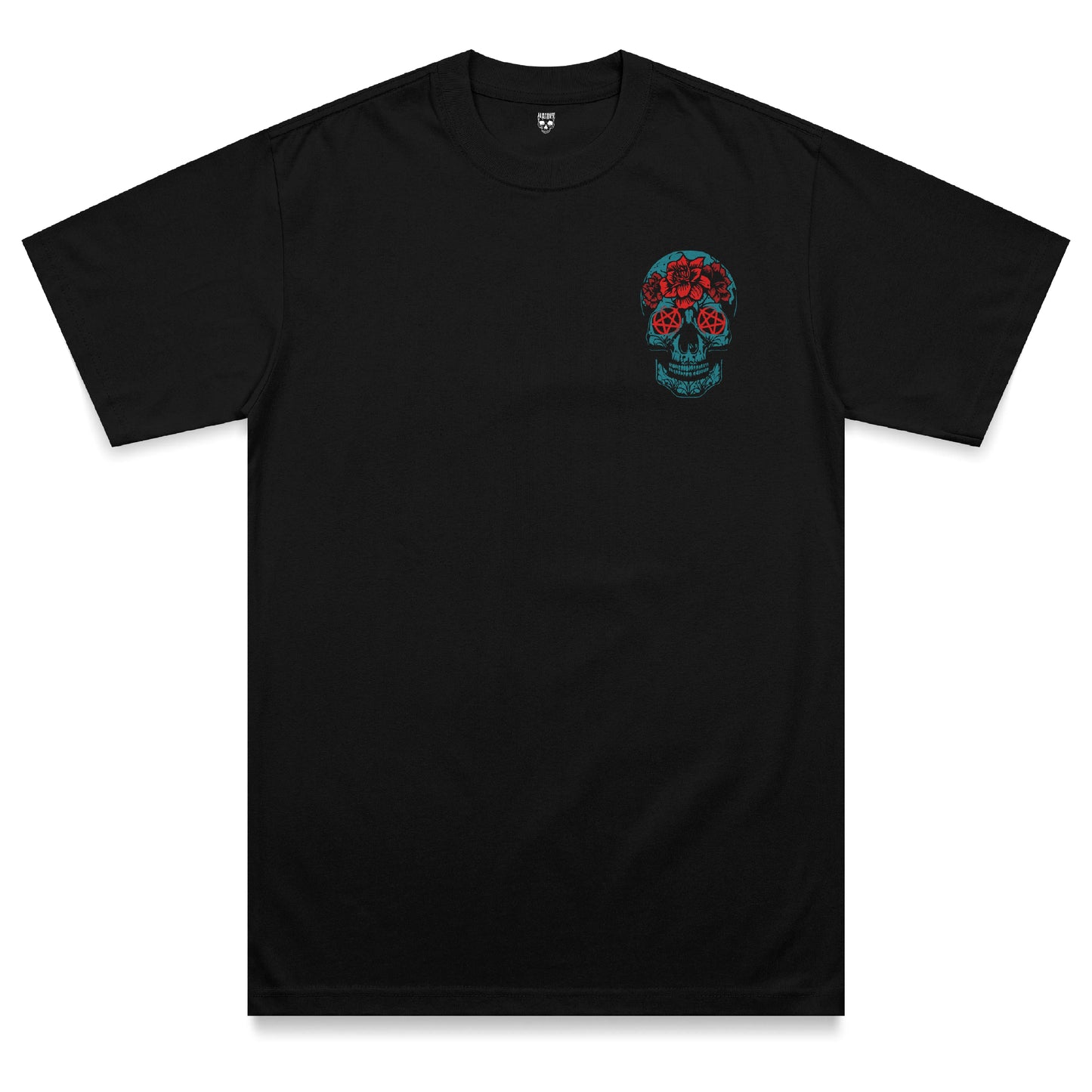Front view of the Hexed heavyweight t-shirt featuring a bright blue skull chest print with red pentagram eyes and floral tattoo-inspired detailing on a black heavyweight garment.